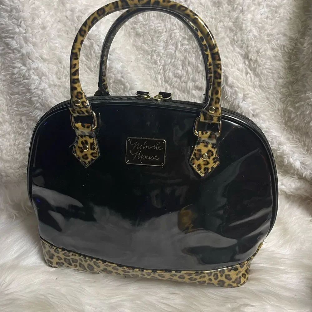 Loungefly Disney Minnie Mouse Dome Satchel synthetic patent black& leopard print